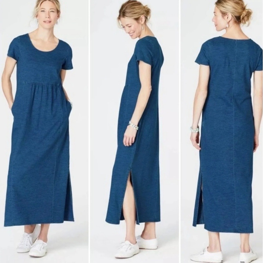 Pure Jill Indigo Blue Slub Knit Maxi Dress Short Sleeve Pockets Petite Small